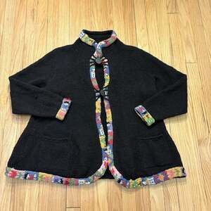 VTG Amano Black Hand Knit Wool Cardigan Sweater Colorful Geometric Trim Sz M/L